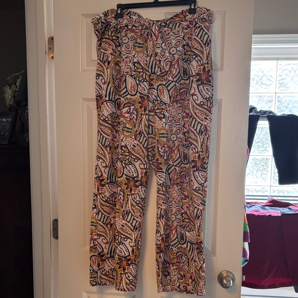 Cato Wide Leg Paisley Print Pants in White, Pink, Yellow, Brown